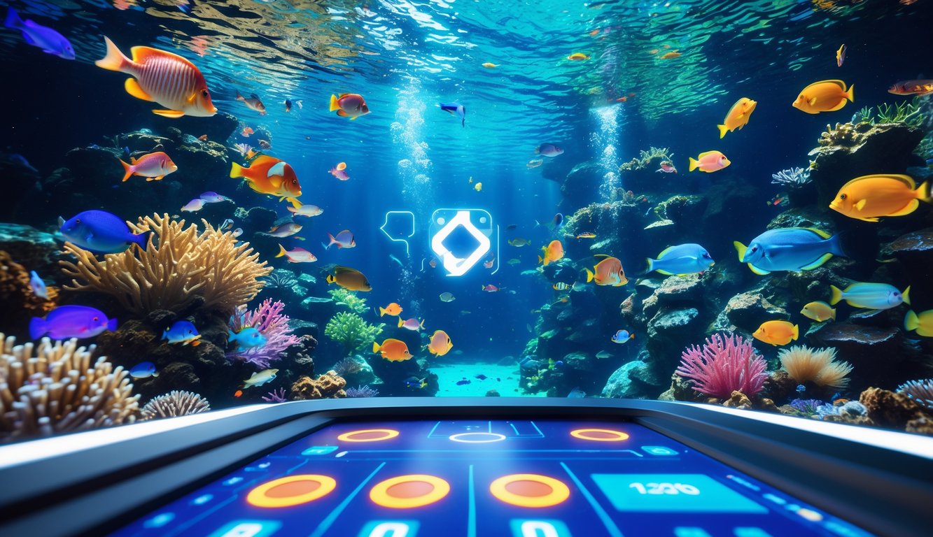 Pemandangan bawah laut berwarna-warni dengan ikan tropis dan elemen permainan digital yang menyatu di lingkungan terumbu karang.