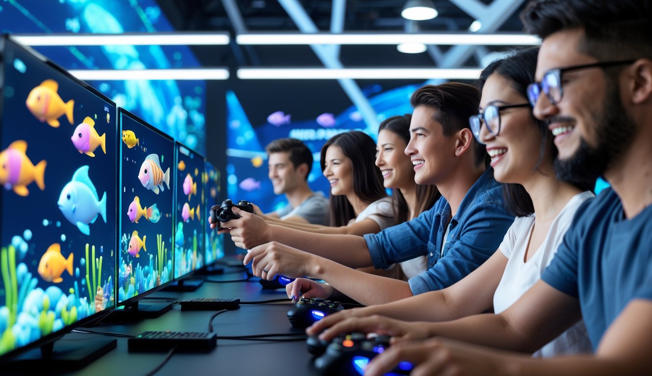 Beberapa orang muda sedang bermain game tembak ikan dengan layar berwarna cerah dan suasana yang menyenangkan.