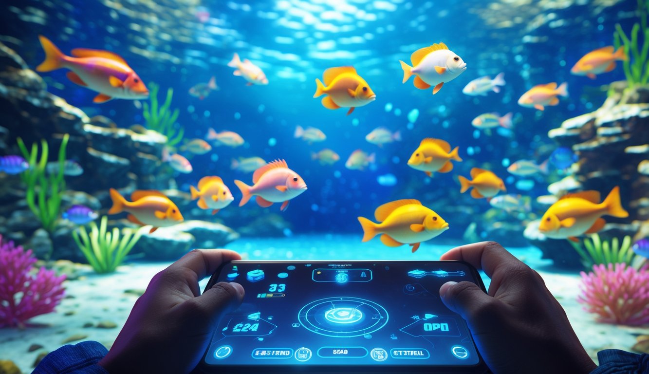 Pemandangan bawah laut dengan berbagai ikan warna-warni dan tangan pemain yang memegang pengontrol permainan dalam suasana permainan menembak ikan online.