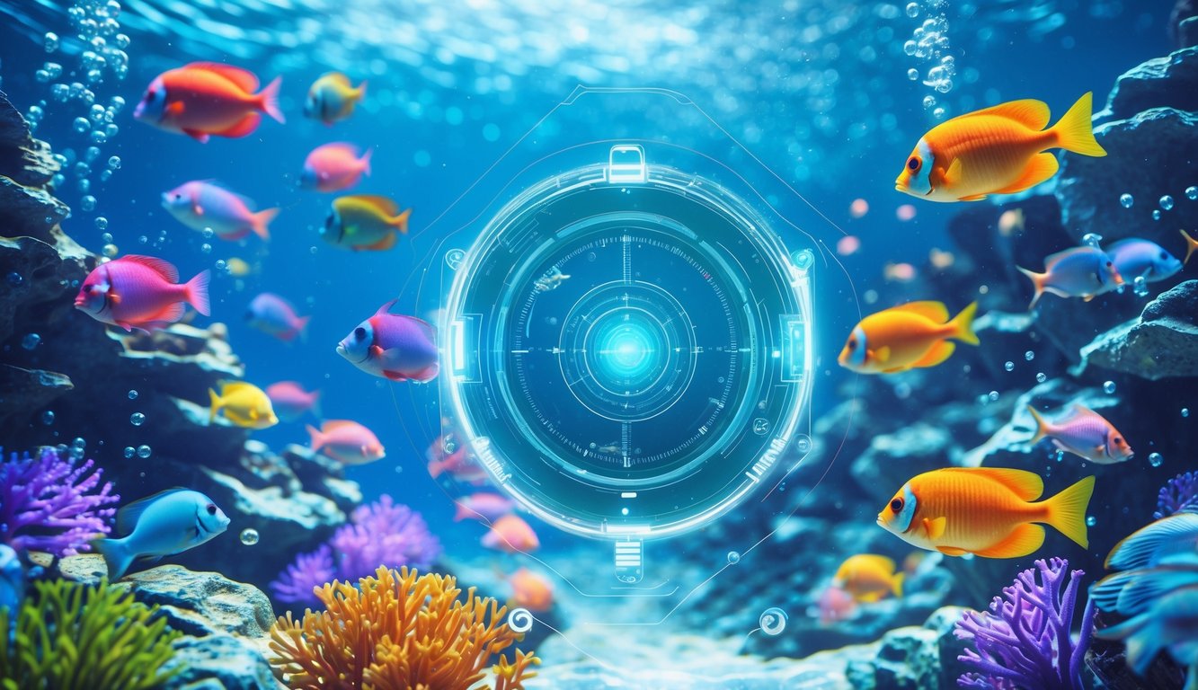 Adegan bawah laut dengan ikan tropis berwarna-warni berenang di sekitar terumbu karang dan antarmuka permainan digital yang menunjukkan elemen sasaran dan skor.