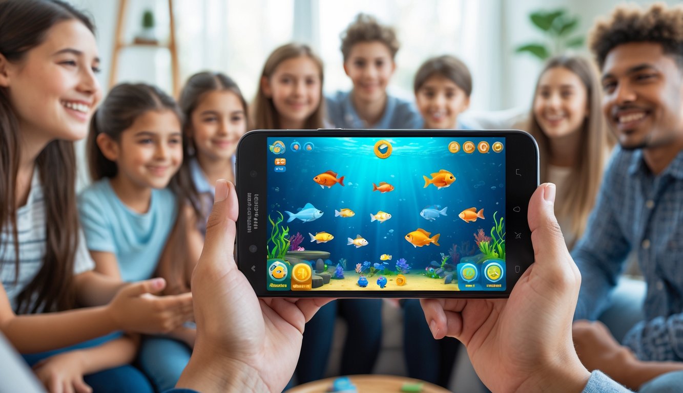 Orang-orang dari berbagai usia sedang bermain game tembak ikan di ponsel Android dalam suasana santai dan menyenangkan.