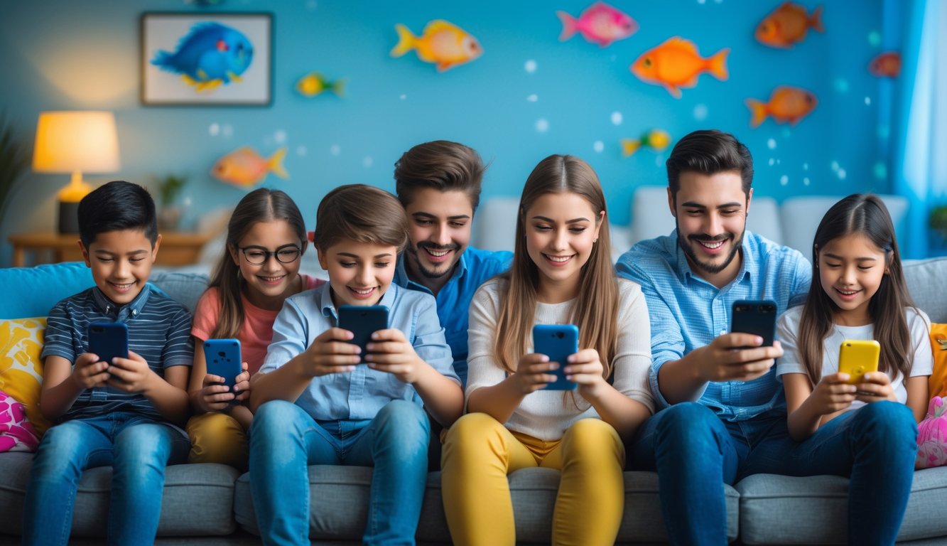 Sekelompok orang dari berbagai usia sedang bermain game tembak ikan secara offline di perangkat Android di ruang tamu yang nyaman.