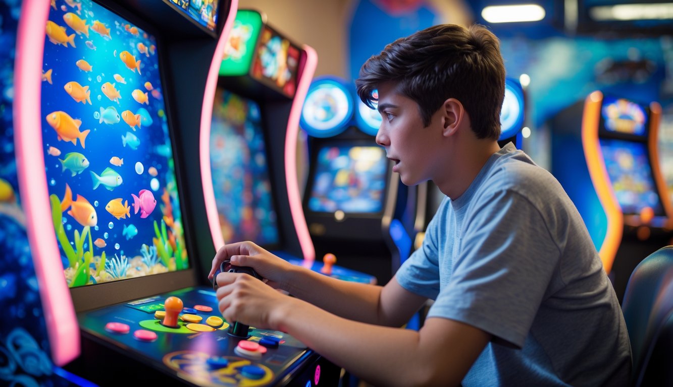 Seorang pemain muda fokus bermain game tembak ikan di mesin arcade dengan layar penuh warna dan latar belakang arcade yang samar.