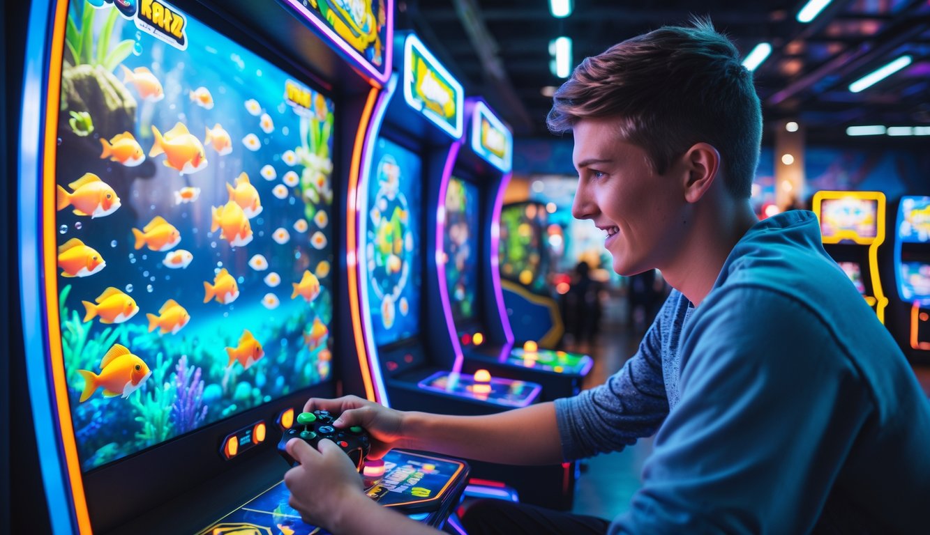 Seorang pemain muda sedang bermain permainan tembak ikan di mesin arcade dengan latar belakang suasana arcade yang ramai.