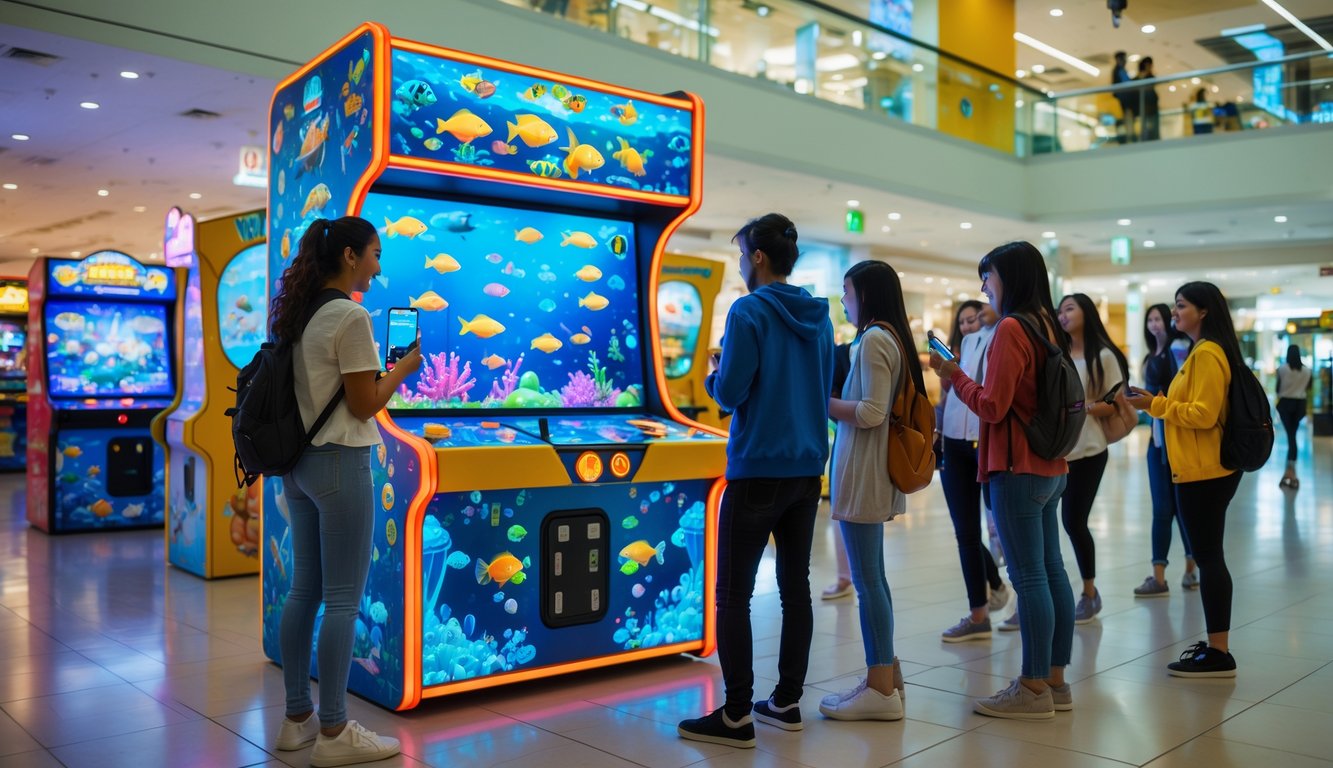 Orang-orang bermain permainan tembak ikan bergaya arcade di dalam mal, dengan satu orang menggunakan ponsel untuk memainkan game tersebut.