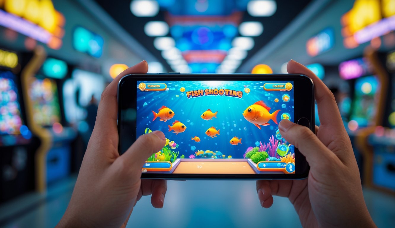 Seseorang memegang ponsel dengan tampilan permainan tembak ikan yang berwarna-warni, dengan latar belakang suasana mall yang samar.