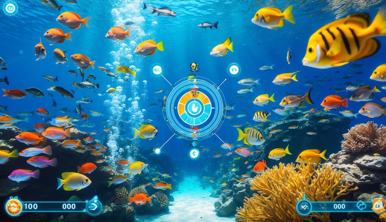 Adegan bawah laut dengan berbagai ikan berwarna-warni dan terumbu karang, menampilkan antarmuka permainan digital bertema tembak ikan.