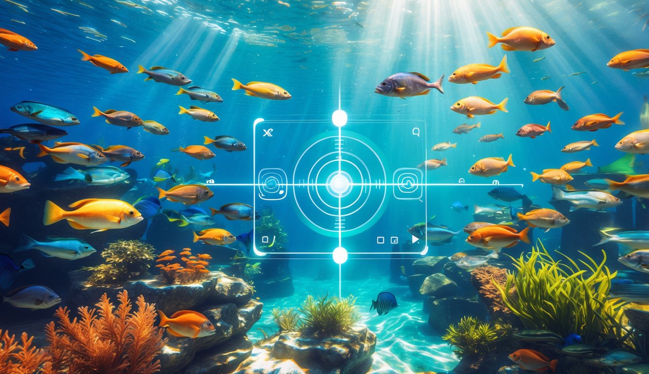 Pemandangan bawah laut yang penuh dengan ikan berwarna-warni dan elemen antarmuka permainan menembak ikan yang modern.