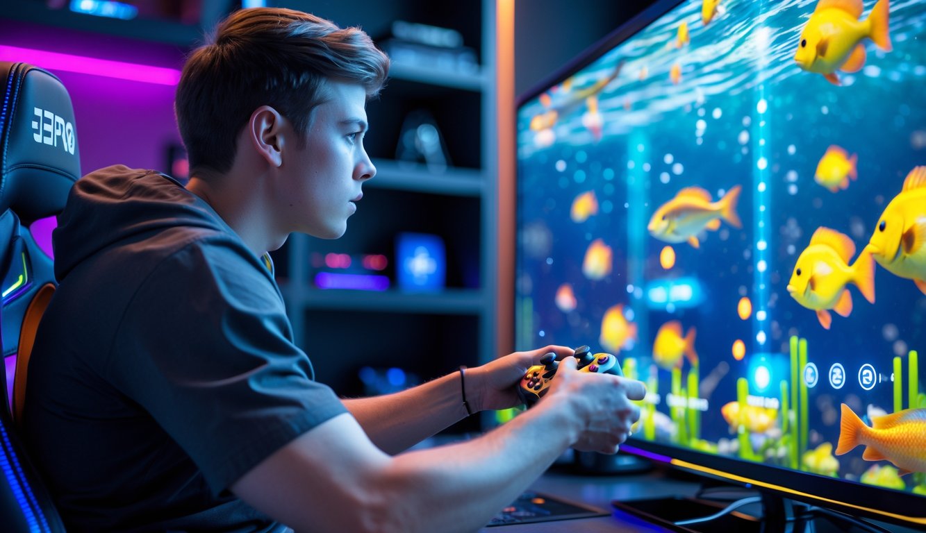 Seorang pria muda sedang fokus bermain game tembak ikan di sebuah ruangan gaming modern dengan layar besar dan lampu warna-warni.