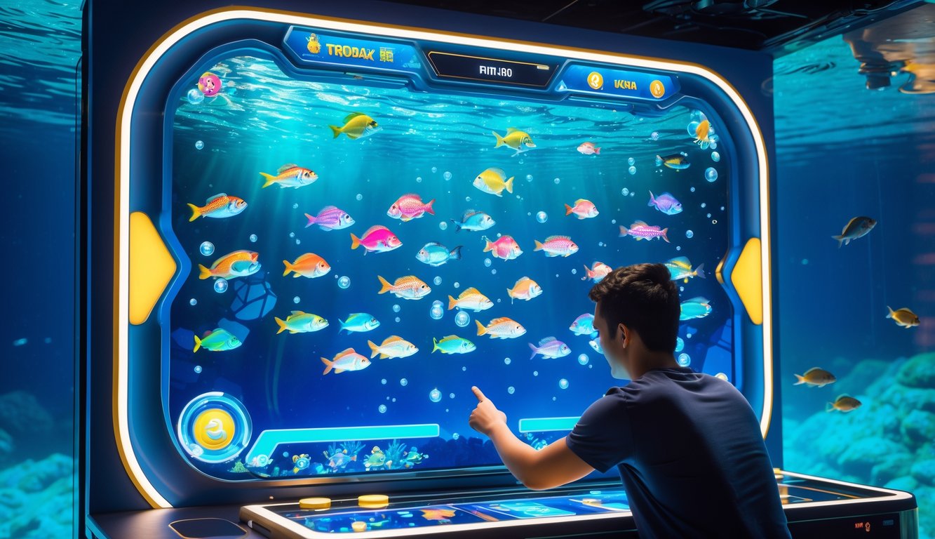 Seorang pemain fokus bermain permainan tembak ikan dengan layar sentuh yang menampilkan ikan-ikan berwarna-warni di latar bawah laut.