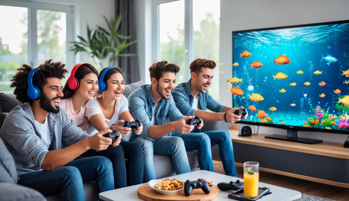 Sekelompok orang muda bermain game tembak ikan bersama di ruang tamu dengan layar TV besar.
