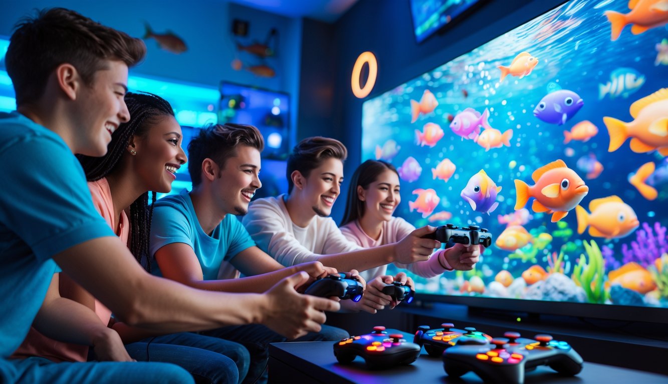 Sekelompok orang muda sedang bermain game tembak ikan multiplayer bersama di sebuah ruangan permainan yang modern dan nyaman.