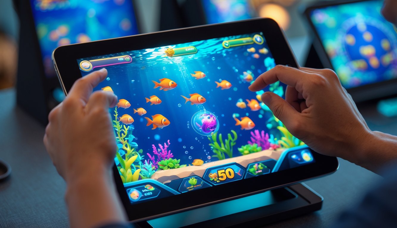 Seseorang sedang bermain game tembak ikan di perangkat layar sentuh dengan latar belakang berwarna-warni dan suasana santai.