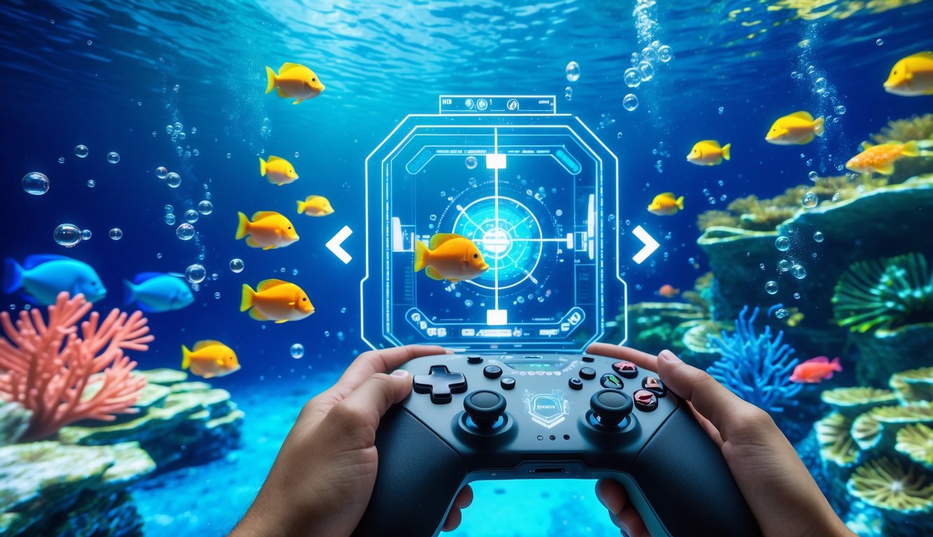 Adegan permainan tembak ikan dengan ikan berwarna-warni di bawah laut dan tangan pemain memegang pengontrol game.