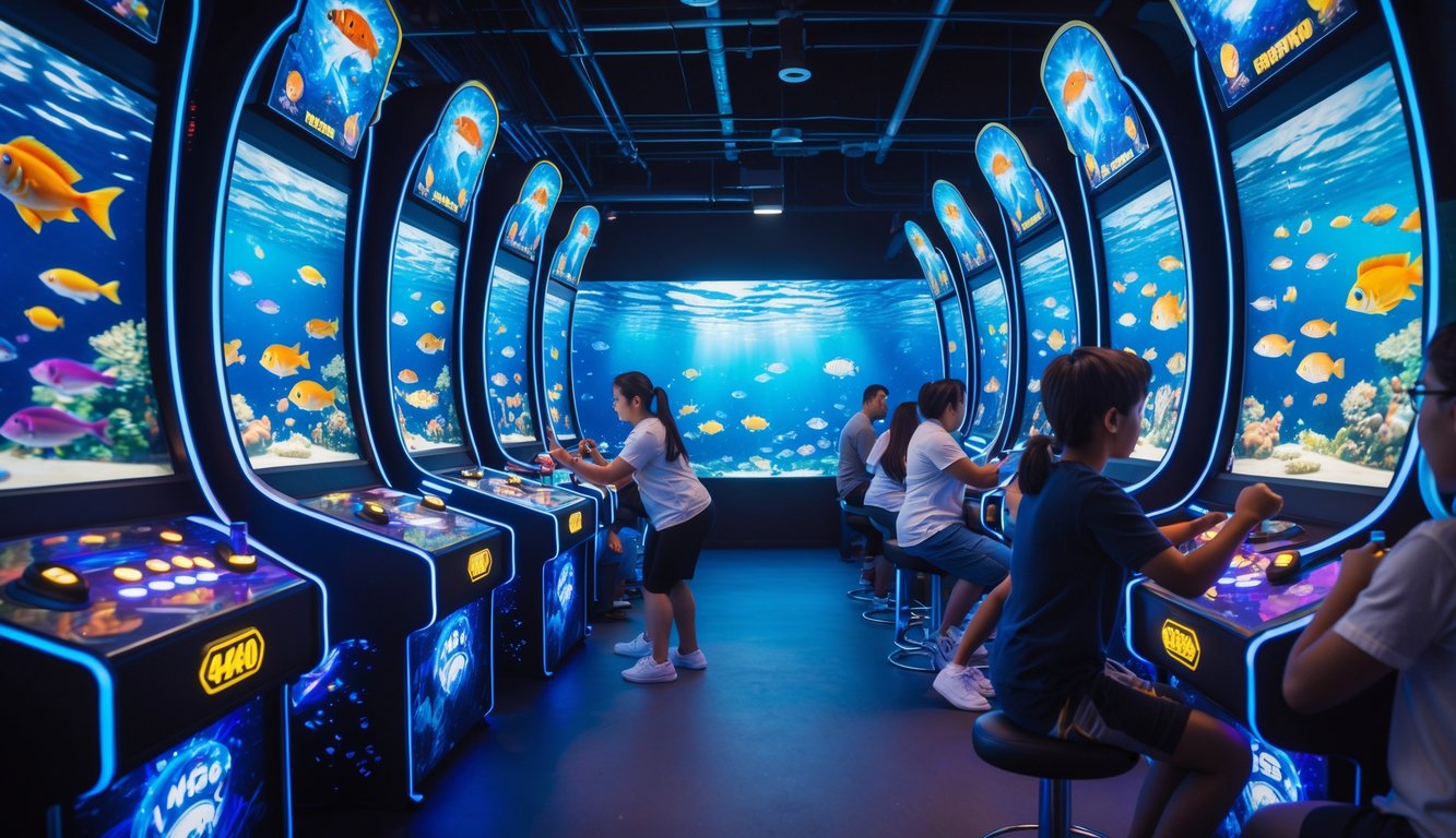 Orang-orang sedang bermain mesin arcade tembak ikan dengan layar penuh warna dan suasana yang hidup.