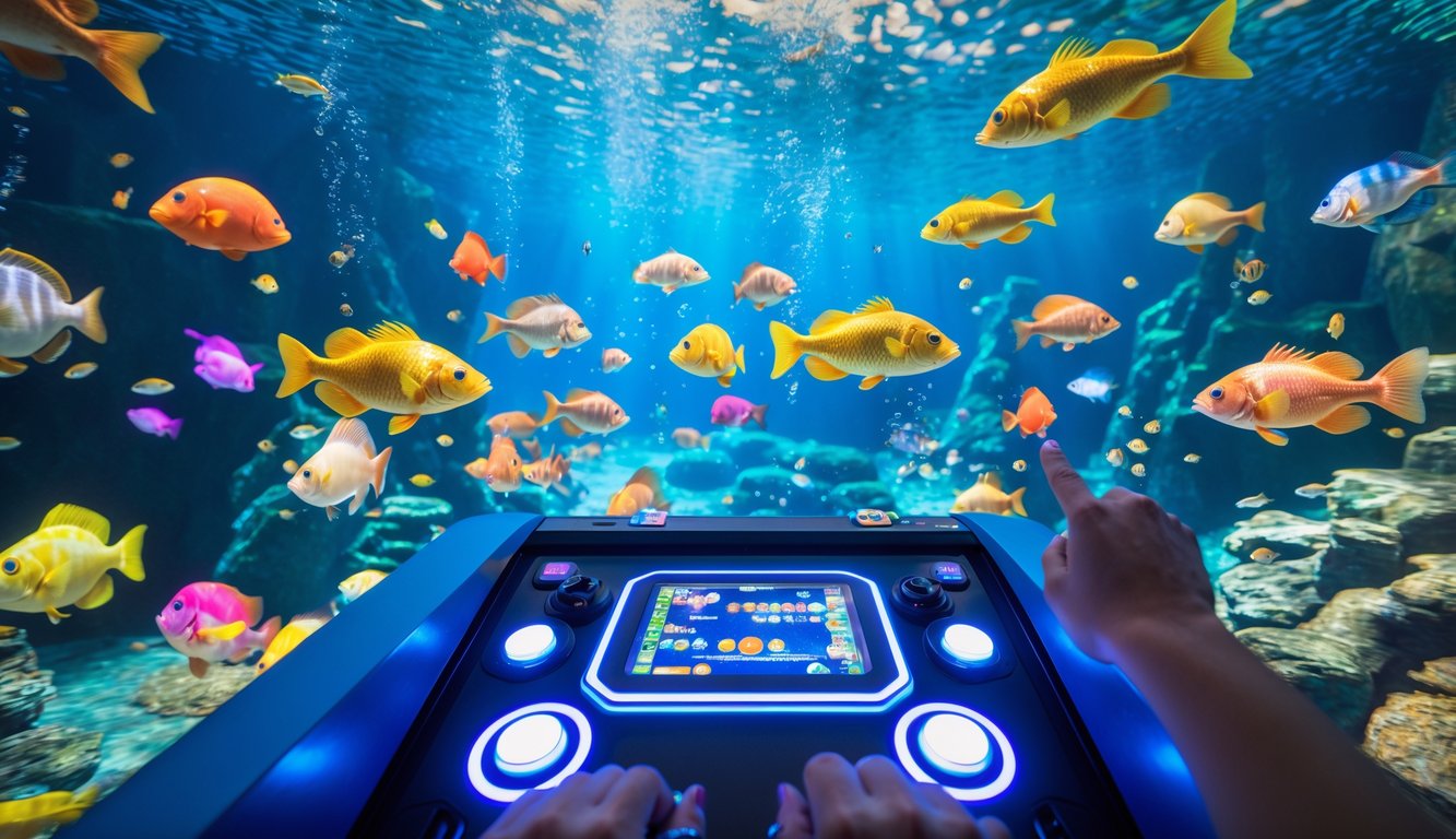 Pemandangan permainan arcade menembak ikan dengan ikan berwarna-warni dan mesin permainan modern yang sedang dimainkan.