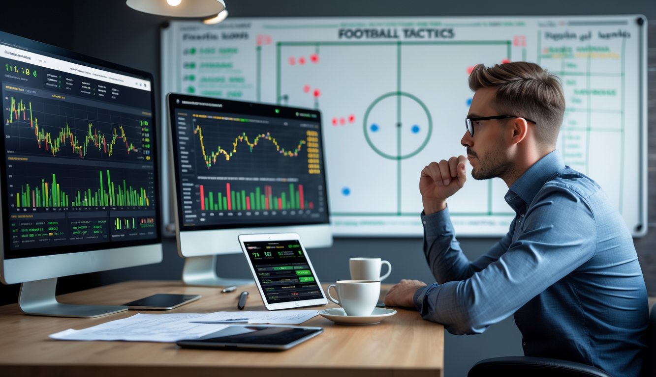 Seorang analis olahraga sedang fokus menganalisis data pertandingan sepak bola di depan komputer dengan grafik dan catatan di meja.
