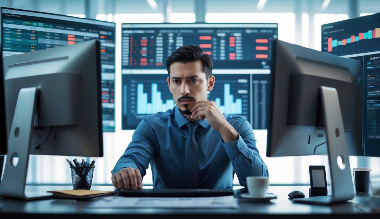 Seorang pria serius duduk di depan beberapa layar komputer yang menampilkan data taruhan, tampak fokus menganalisis informasi di sebuah kantor modern.