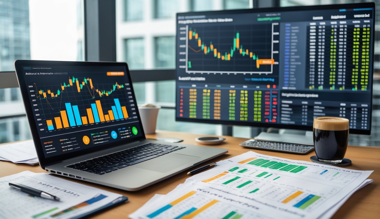 Meja kerja modern dengan laptop yang menampilkan grafik dan data taruhan olahraga, kertas berisi tabel angka, pena, dan secangkir kopi di sampingnya.
