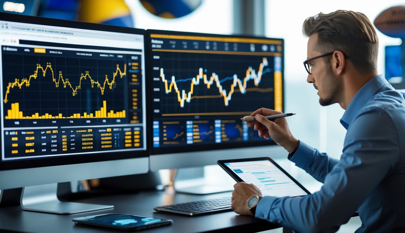 Seorang analis sedang bekerja dengan beberapa layar komputer yang menampilkan data dan grafik taruhan olahraga di sebuah meja kerja modern.