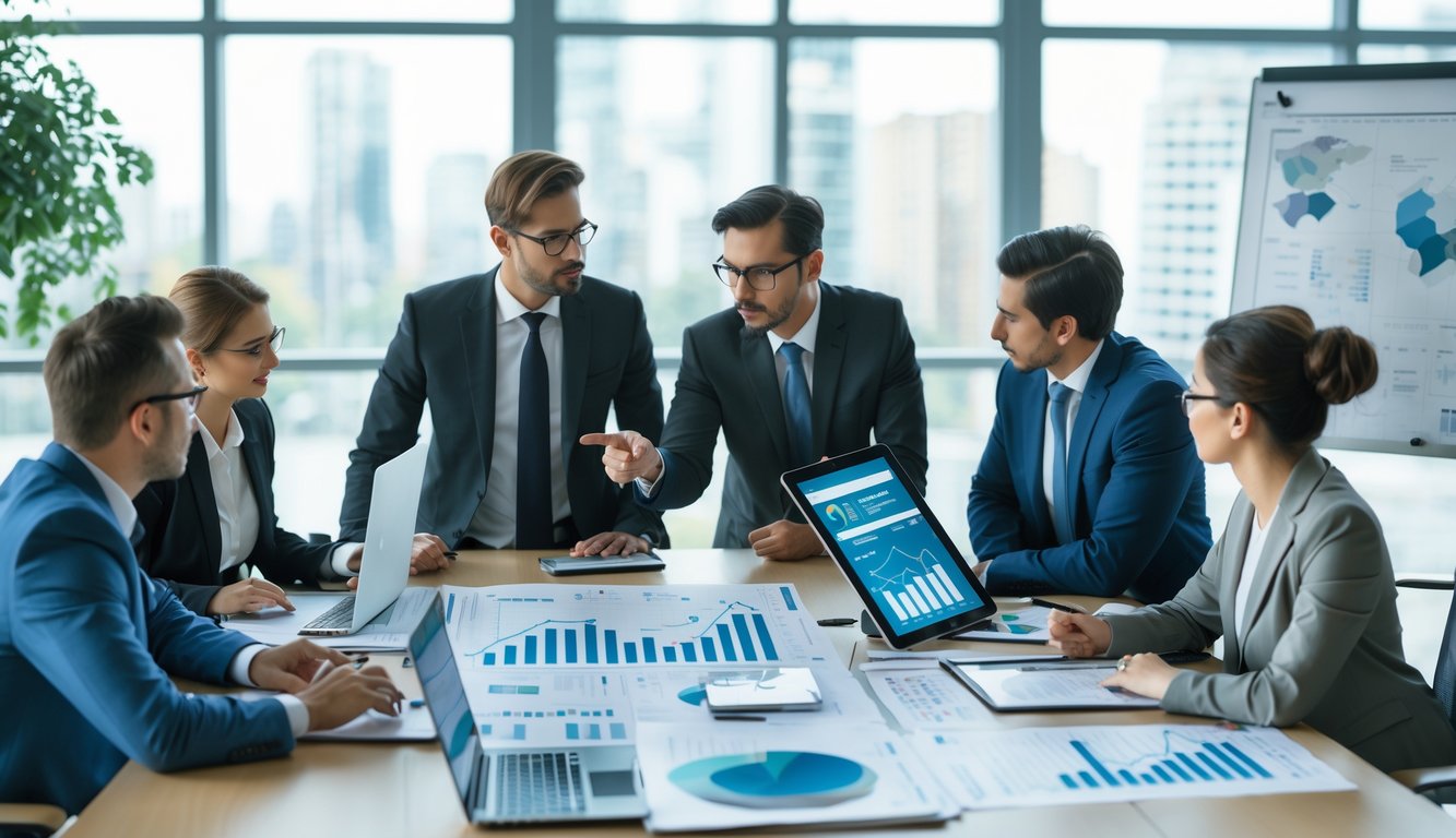 Sekelompok profesional bisnis sedang berdiskusi dan menganalisis data di ruang kantor dengan dokumen dan grafik di meja.