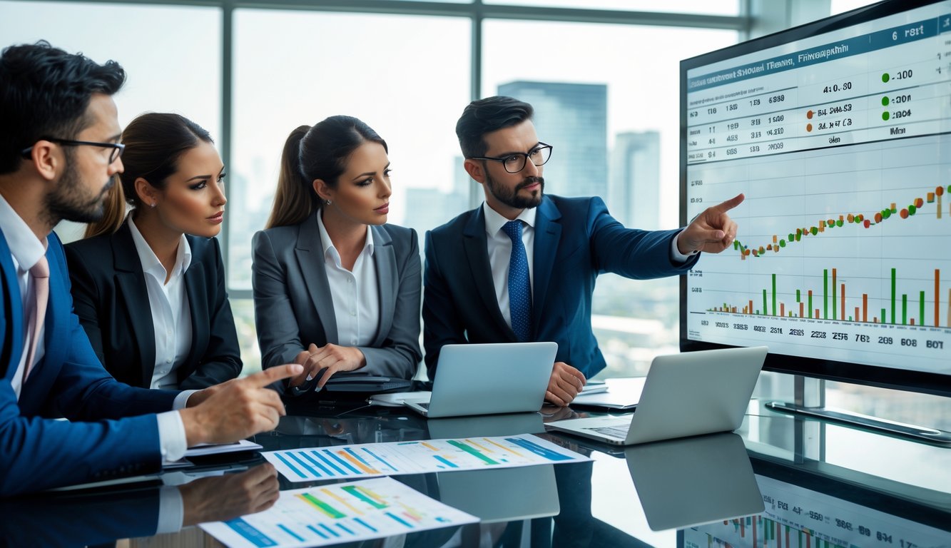 Sekelompok profesional bisnis sedang berdiskusi di ruang kantor dengan layar digital menampilkan grafik statistik dan analisis peluang taruhan.