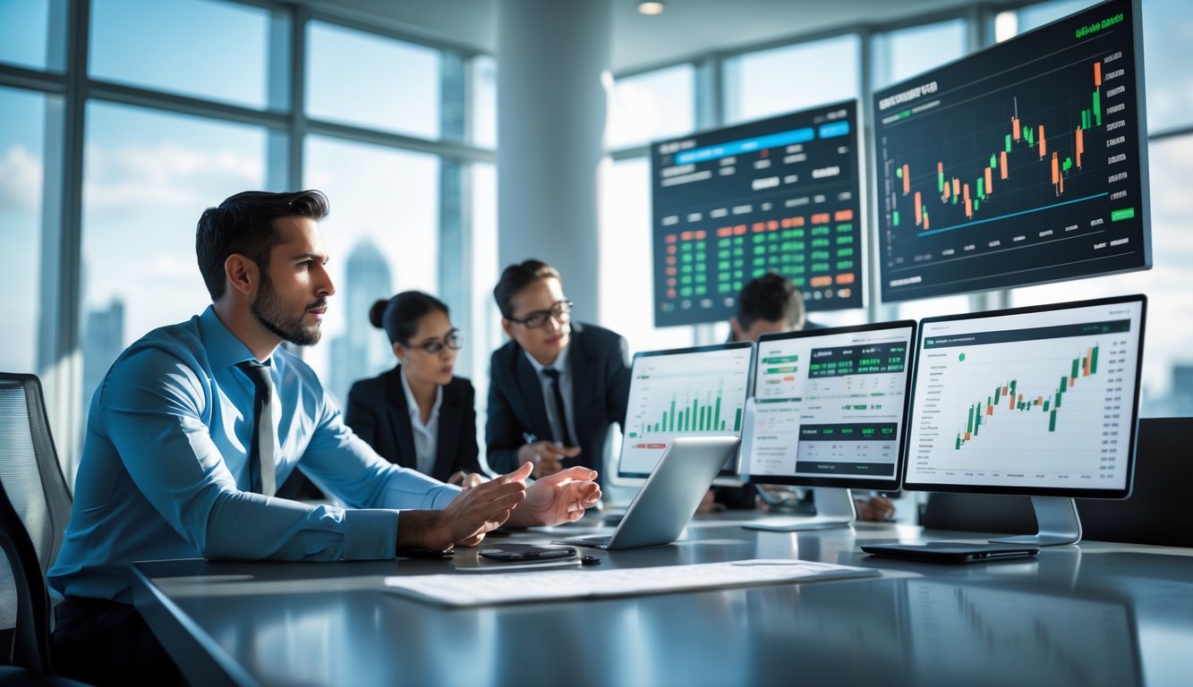 Seorang analis bisnis memeriksa layar digital dengan data pasar taruhan dan grafik peluang bersama rekan-rekannya di kantor modern.