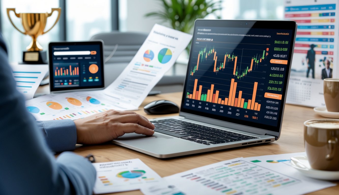 Orang bekerja di meja dengan laptop yang menampilkan grafik peluang taruhan, dikelilingi laporan dan ponsel, di ruang kantor yang terang.