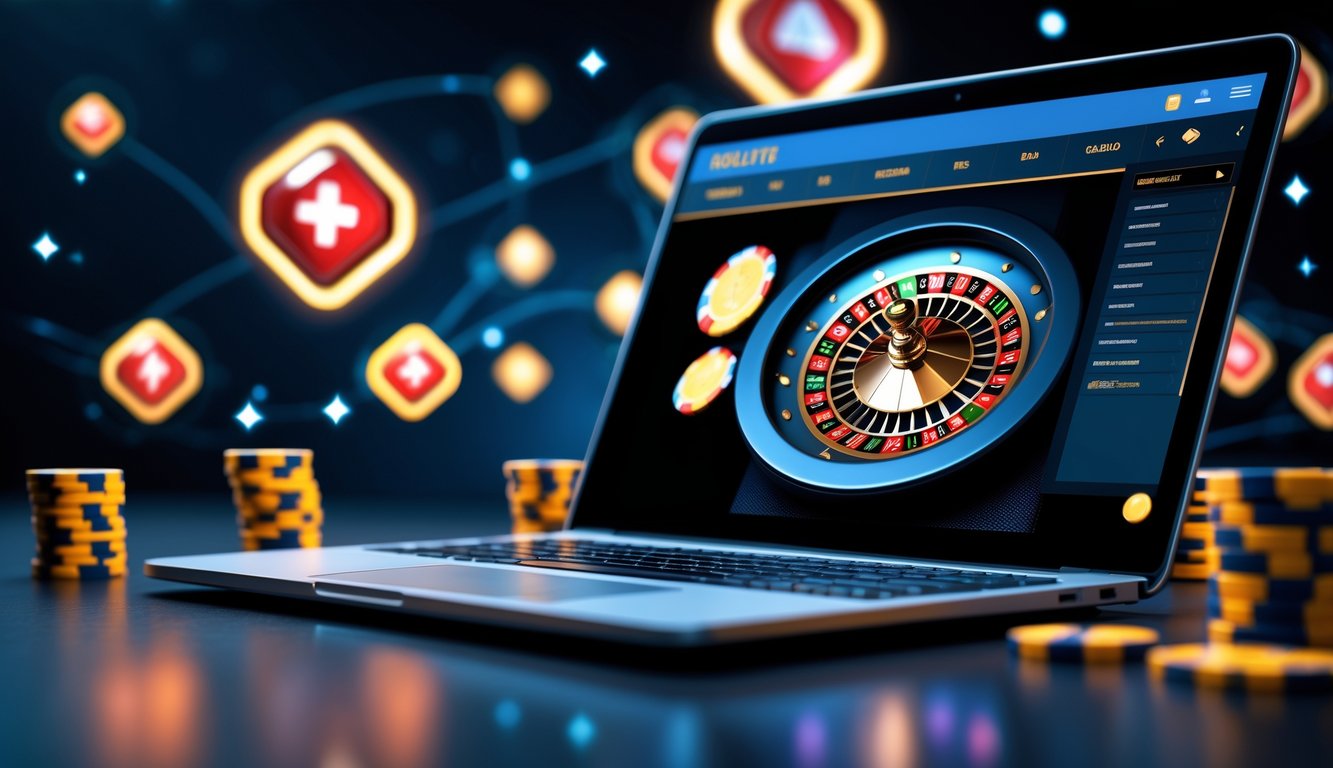 Seorang pengguna sedang bermain roulette online di laptop dengan tampilan roda roulette digital dan chip taruhan di layar.