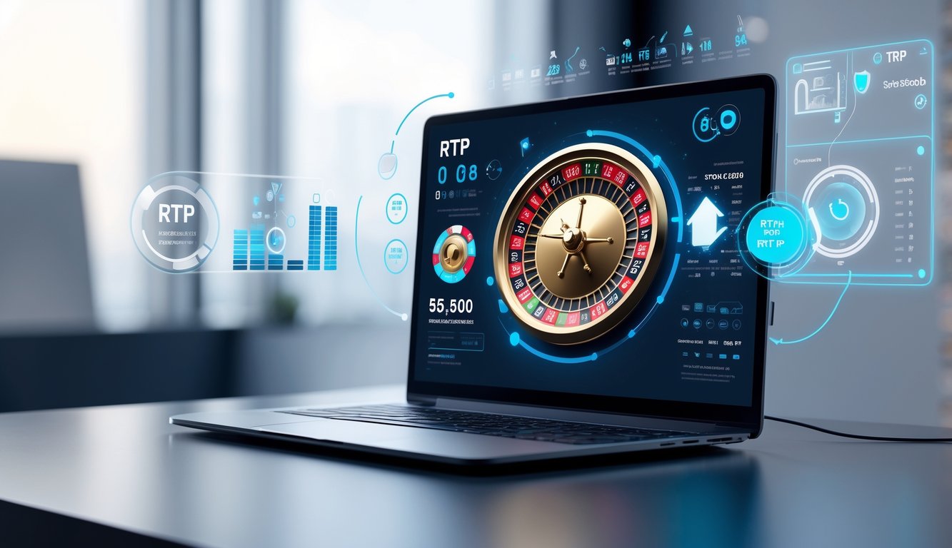 Sebuah meja dengan komputer menampilkan roda roulette online dan grafik statistik yang menggambarkan konsep RTP dalam permainan roulette.