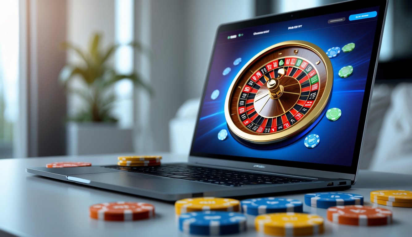 Sebuah meja dengan komputer menampilkan permainan roulette online dengan roda roulette dan chip warna-warni di sekitarnya.