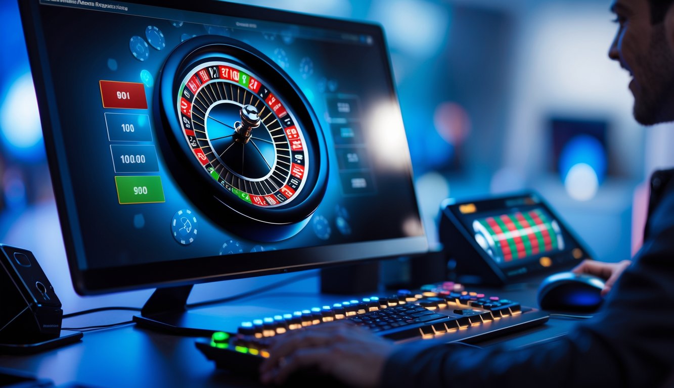 Sebuah meja gaming dengan layar komputer menampilkan roda roulette digital yang berputar dalam suasana ruangan modern.