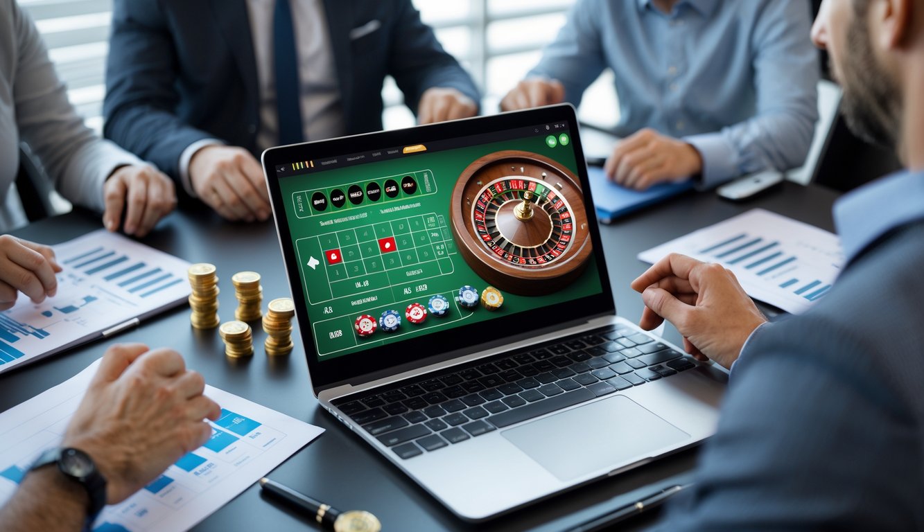 Orang-orang bermain roulette online di depan komputer dengan tampilan permainan roulette yang jelas dan suasana kerja yang teratur.