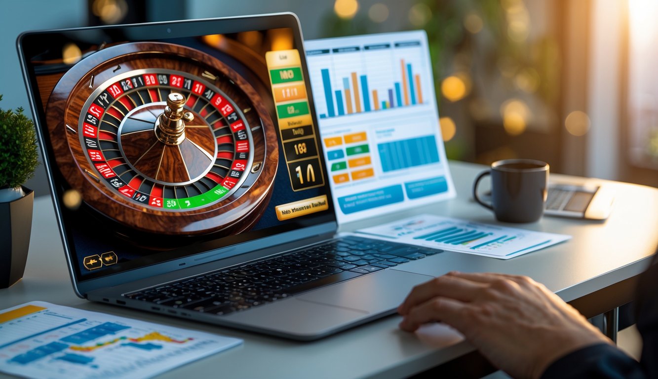 Sebuah meja kerja dengan komputer yang menampilkan permainan roulette online dan alat tulis di sekitarnya.