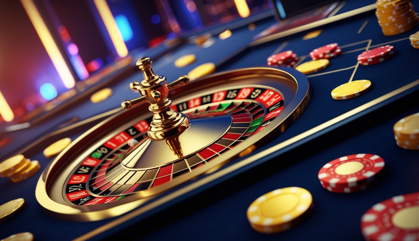 Sebuah layar komputer menampilkan permainan roulette online dengan roda roulette yang berputar dan chip kasino di sekitarnya.