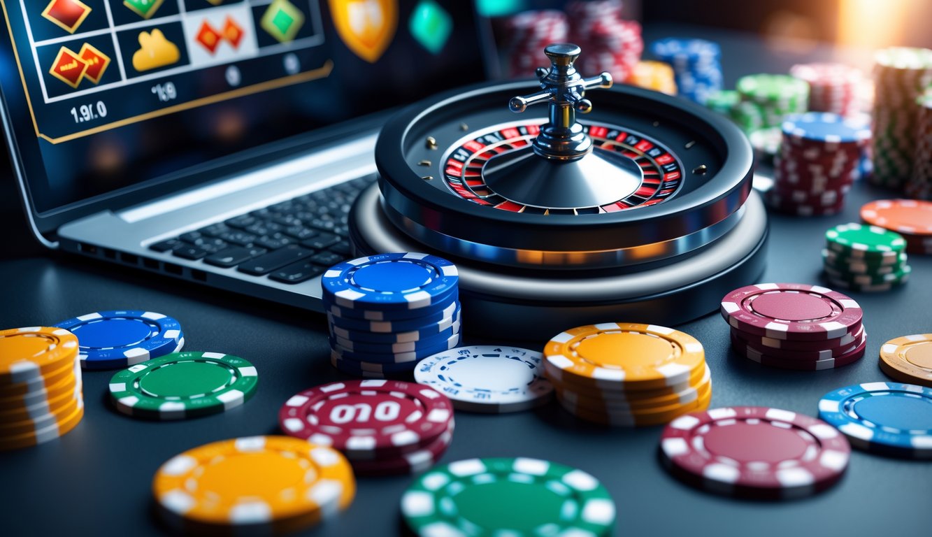 Sebuah laptop dengan tampilan roda roulette digital dan tumpukan chip kasino berwarna-warni di sekitarnya, menunjukkan suasana permainan roulette online yang menarik dan terpercaya.