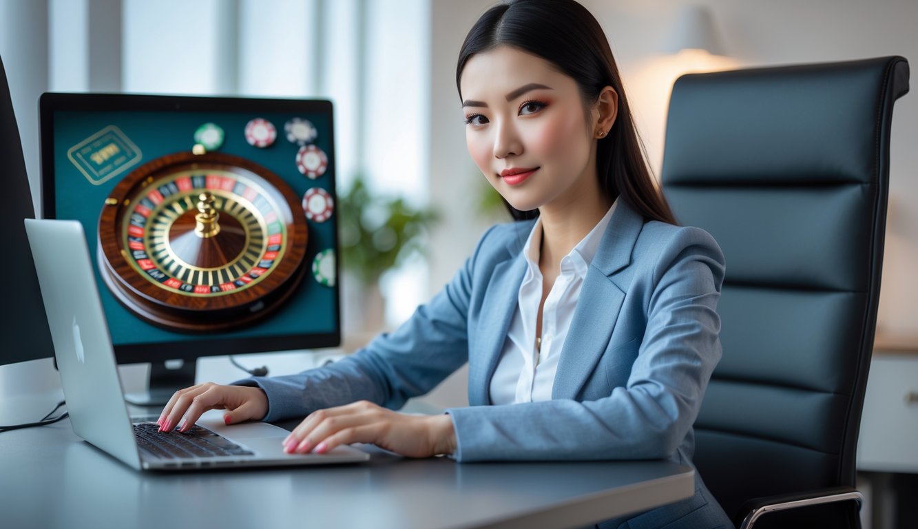 Seorang wanita muda duduk di meja dengan laptop yang menampilkan roda roulette dan chip kasino, terlihat fokus dan serius dalam suasana ruangan yang terang dan rapi.