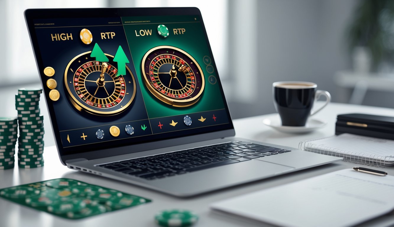 Layar laptop menampilkan dua roda roulette online berdampingan dengan grafik dan tumpukan chip kasino di meja kerja.