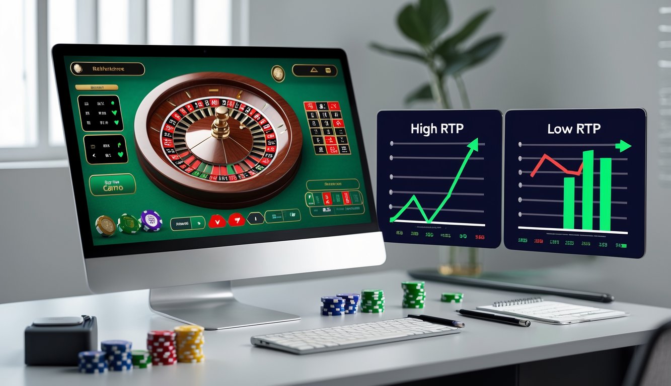 Sebuah meja kerja dengan komputer menampilkan permainan roulette online dan dua grafik digital yang menunjukkan perbandingan RTP tinggi dan rendah.