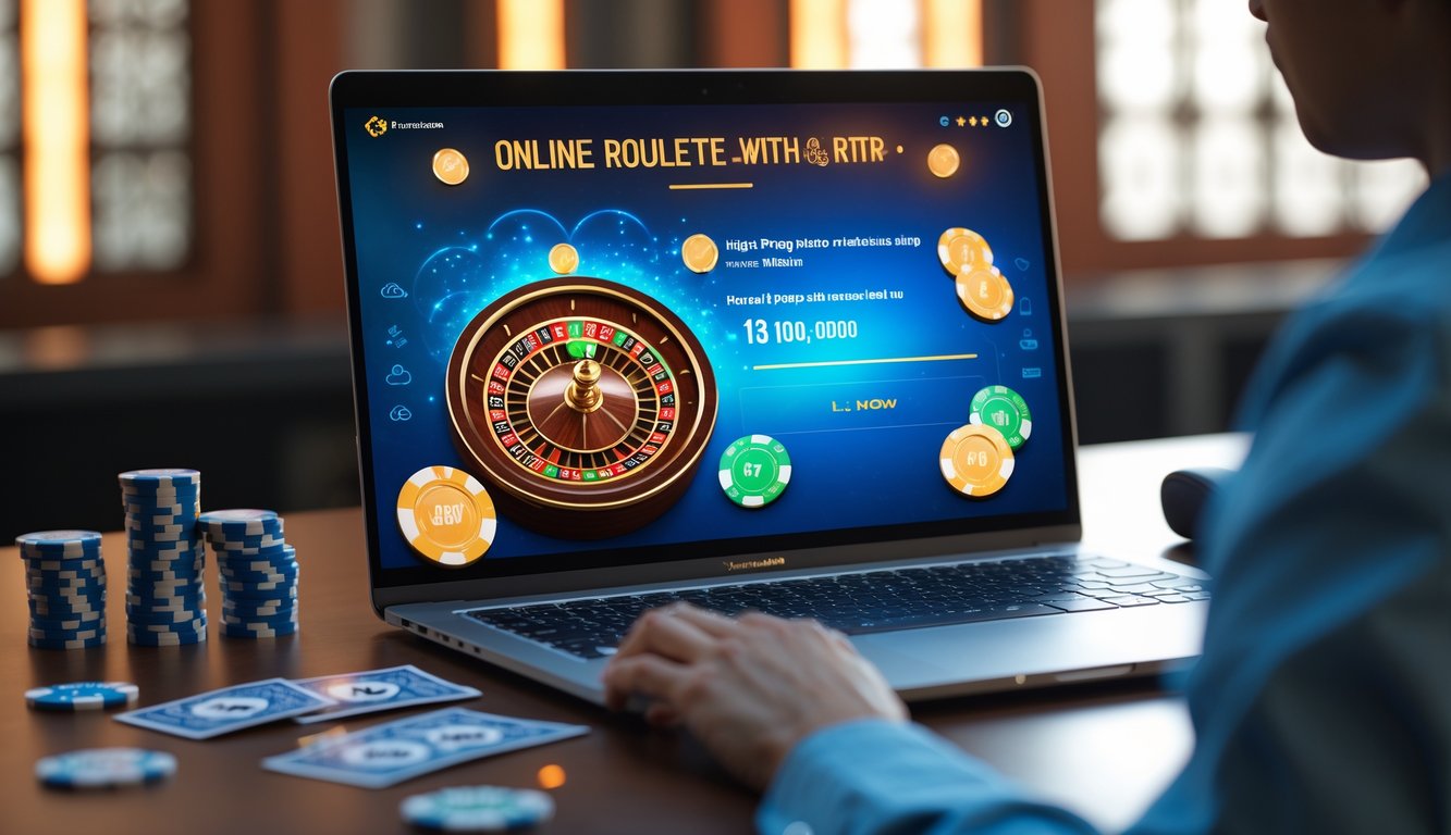 Sebuah komputer menampilkan permainan roulette online dengan roda roulette berwarna-warni dan chip di sekitarnya di atas meja modern.