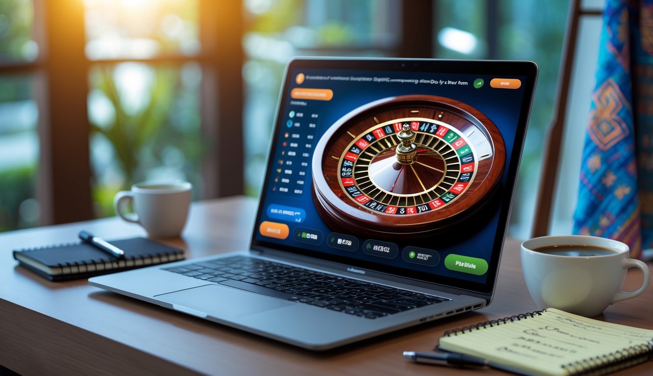 Sebuah meja kerja dengan komputer menampilkan roda roulette online dan alat tulis di sekitarnya.