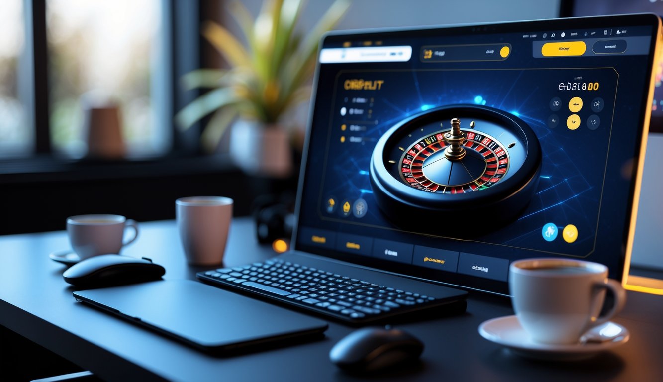 Tampilan layar komputer dengan permainan roulette online yang menampilkan roda roulette digital dan elemen meja kerja di sekitarnya.