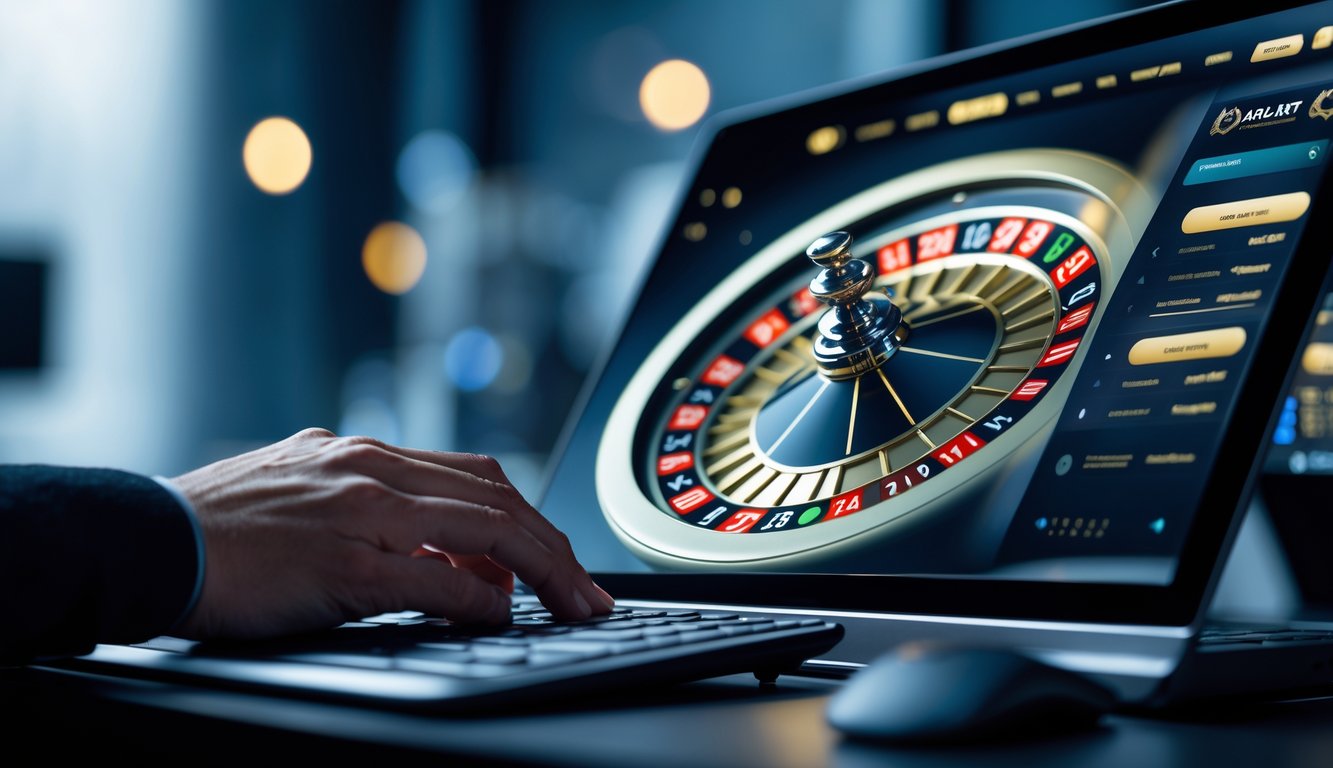 Seseorang sedang bermain roulette online di komputer dengan fokus pada roda roulette yang berputar.