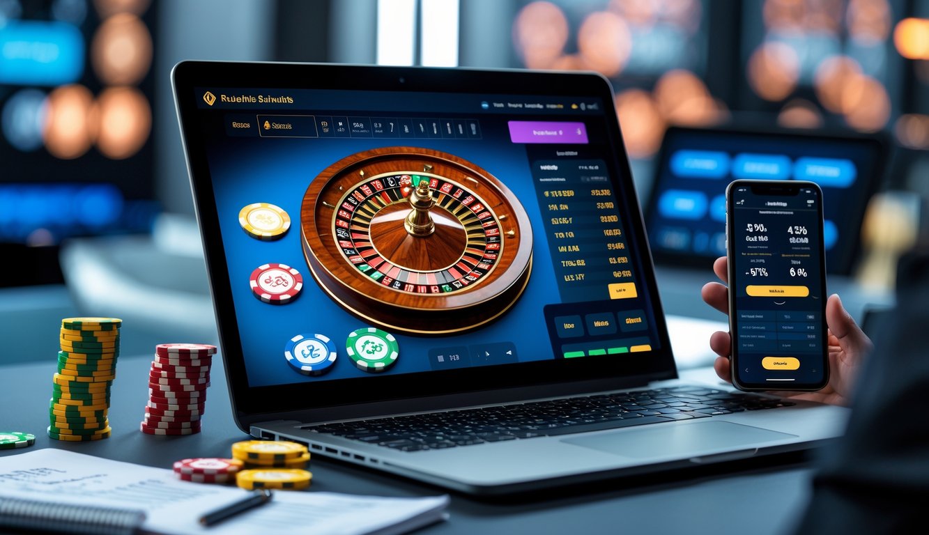 Seorang pemain menggunakan laptop dengan tampilan roda roulette online, dikelilingi oleh chip kasino dan ponsel yang menampilkan statistik permainan.