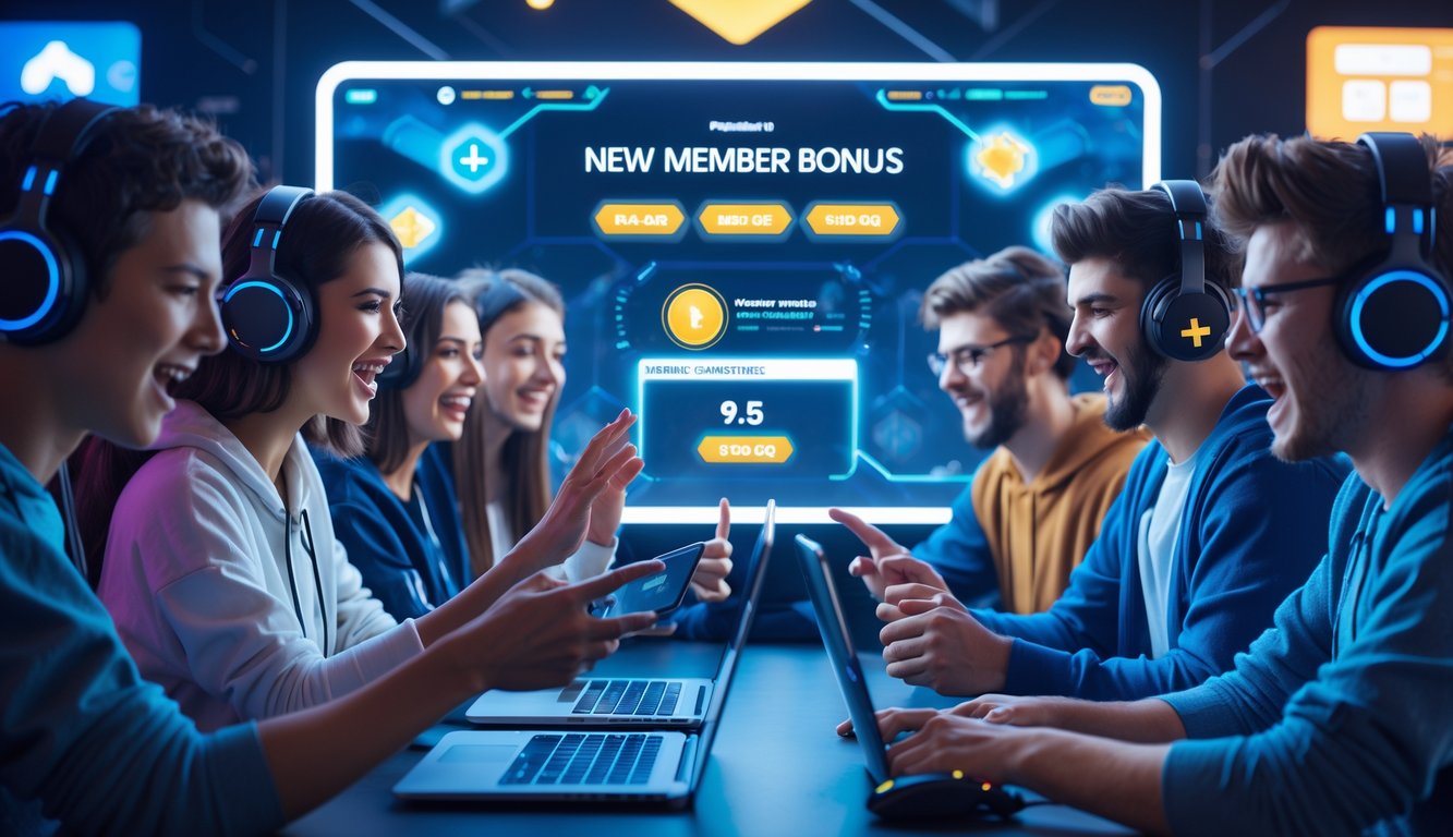 Sekelompok orang muda menggunakan laptop dan ponsel di lingkungan permainan online dengan antarmuka digital yang menampilkan ikon permainan dan hadiah bonus.