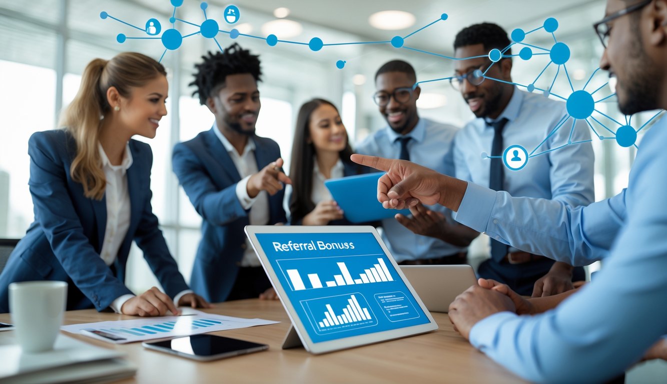 Sekelompok profesional bisnis berdiskusi di kantor modern dengan tablet yang menampilkan grafik dan diagram jaringan referral.