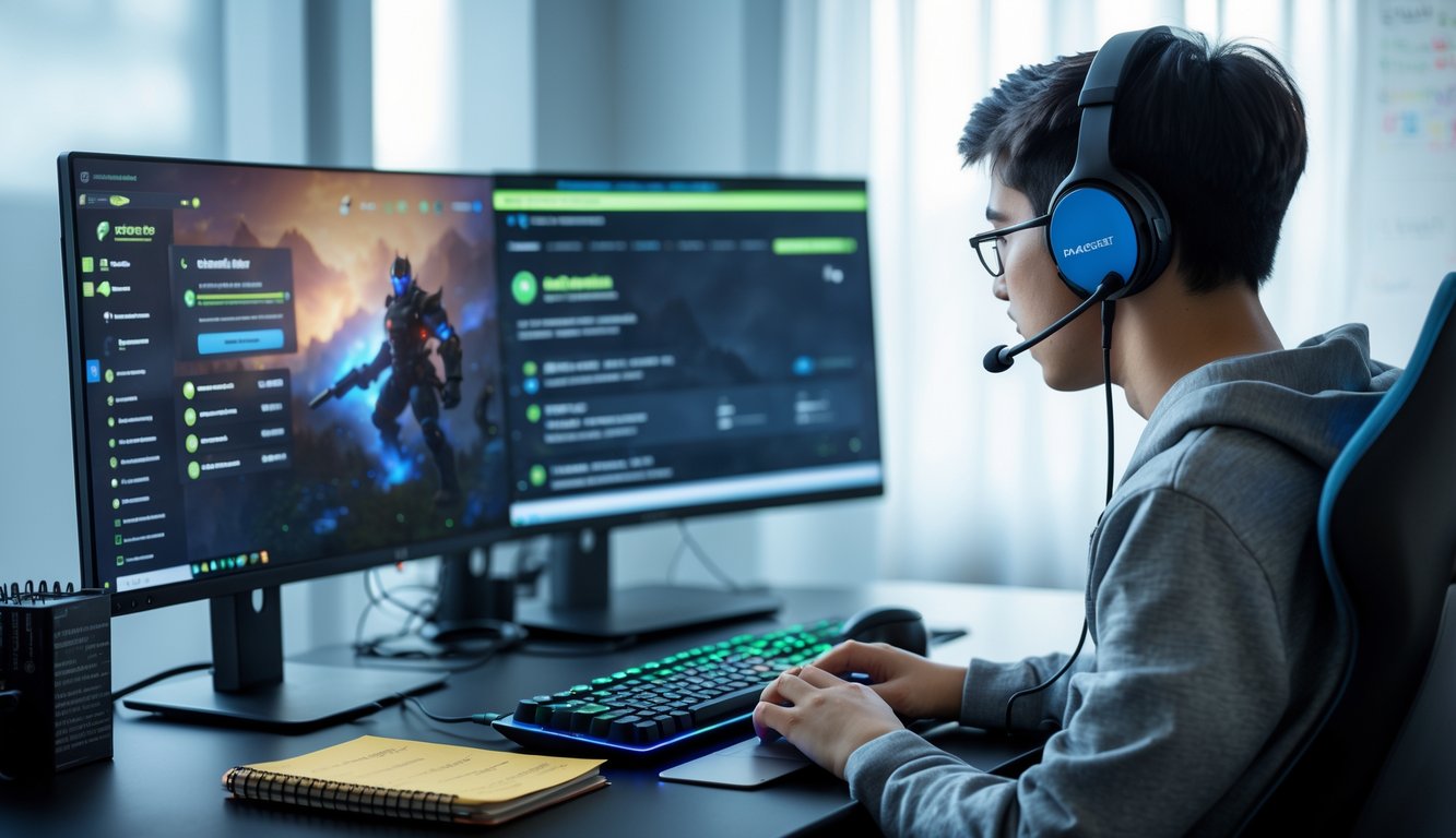 Seorang pemain game muda duduk di depan komputer dengan headset, fokus pada layar yang menampilkan permainan online, di meja terdapat aksesori game dan ponsel dengan notifikasi bonus.