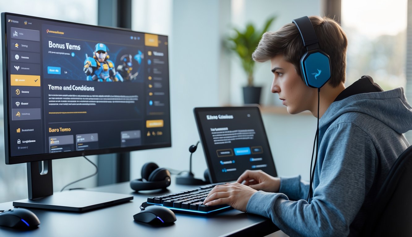 Seorang pemain game muda duduk di meja dengan komputer dan tablet, fokus memahami syarat dan ketentuan bonus dalam game online.