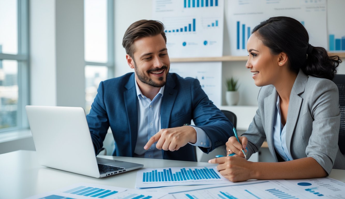 Dua rekan kerja berdiskusi di kantor dengan laptop dan dokumen di meja, mempelajari data keuangan bersama.