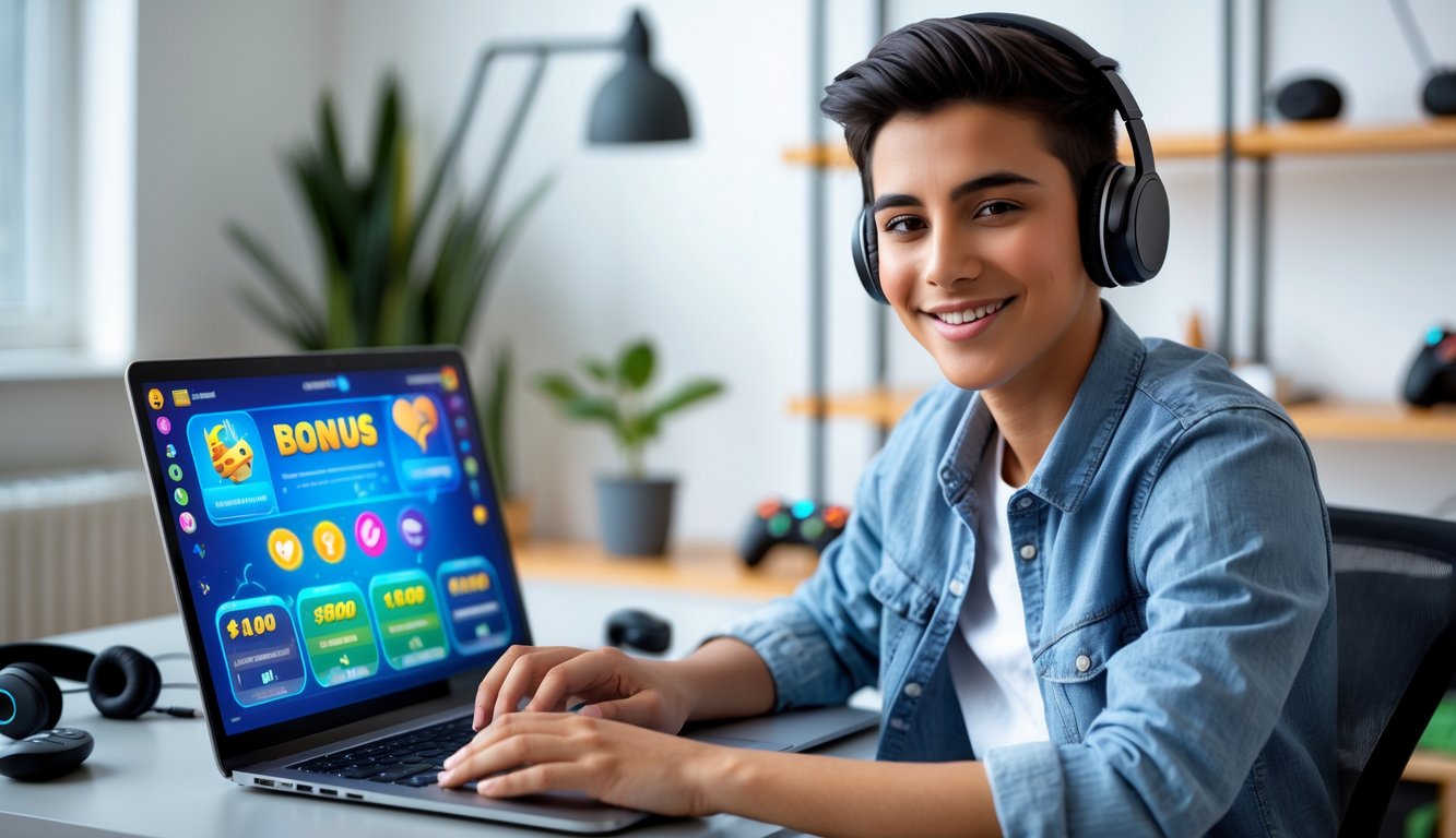 Seorang dewasa muda duduk di depan laptop dengan tampilan permainan online dan ikon bonus, tersenyum di ruangan rapi dengan peralatan game di sekitar.